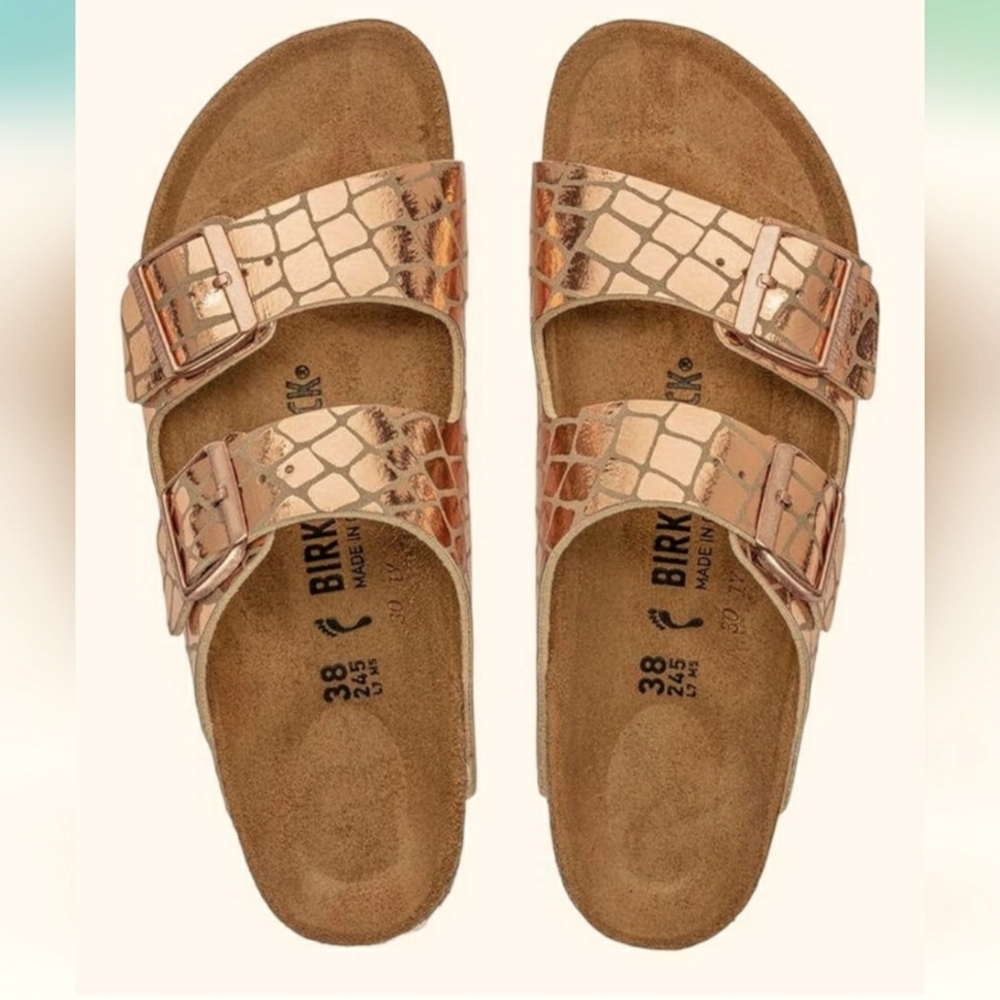 New!Birkenstock Unisex Adult  Arizona Metallic Copper Two Strap Buckle  Sandals